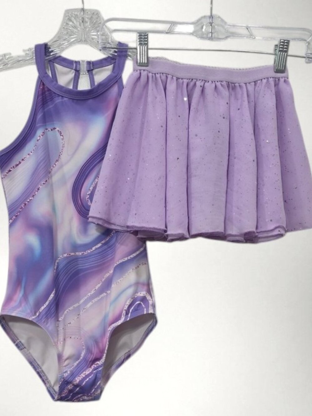 MODAFANS Girls Lavender Marble Gymnastics Leotard Size 8-9 w/Matching Skirt T10